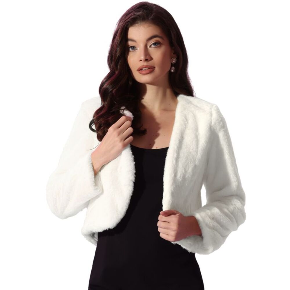 Cropped Jacket Faux Fur Long Sleeve Open Front Bolero Winter Coat White